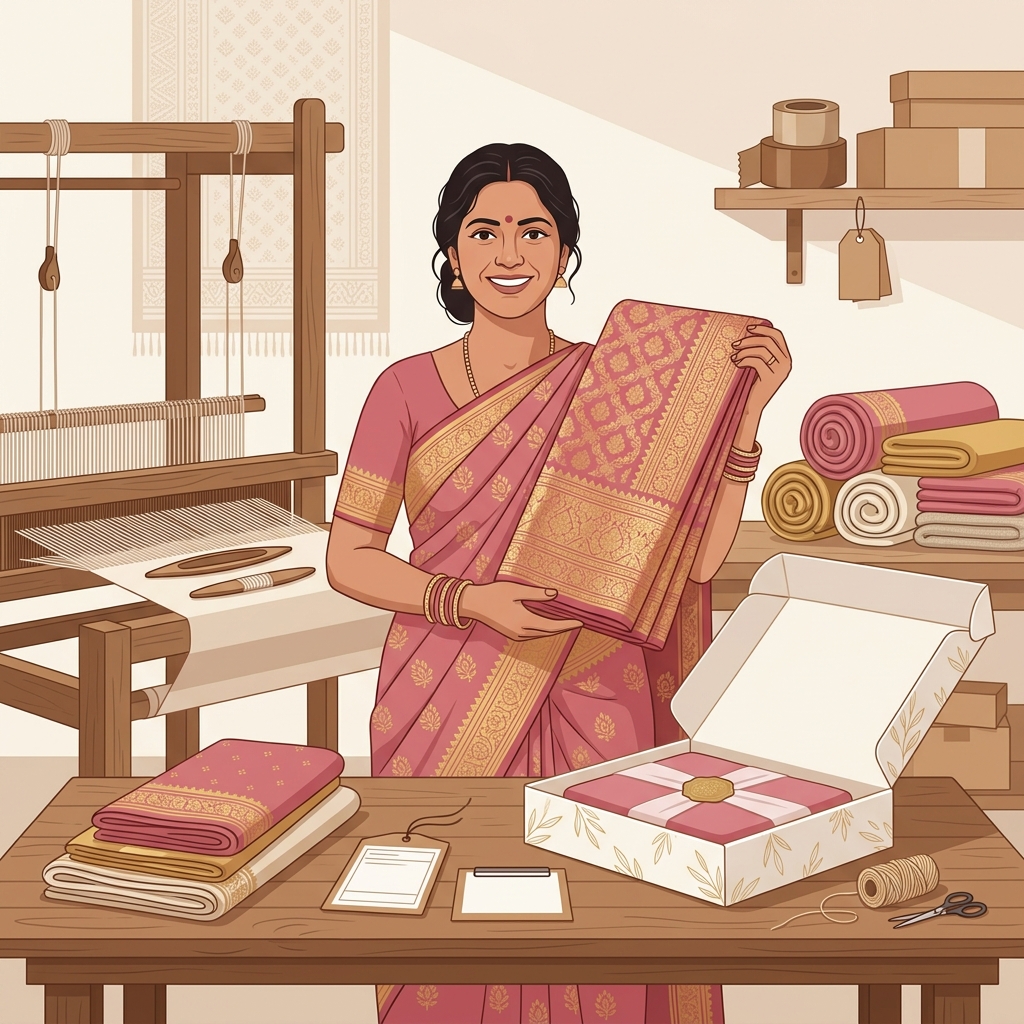 Indian woman artisan with her handmade textiles