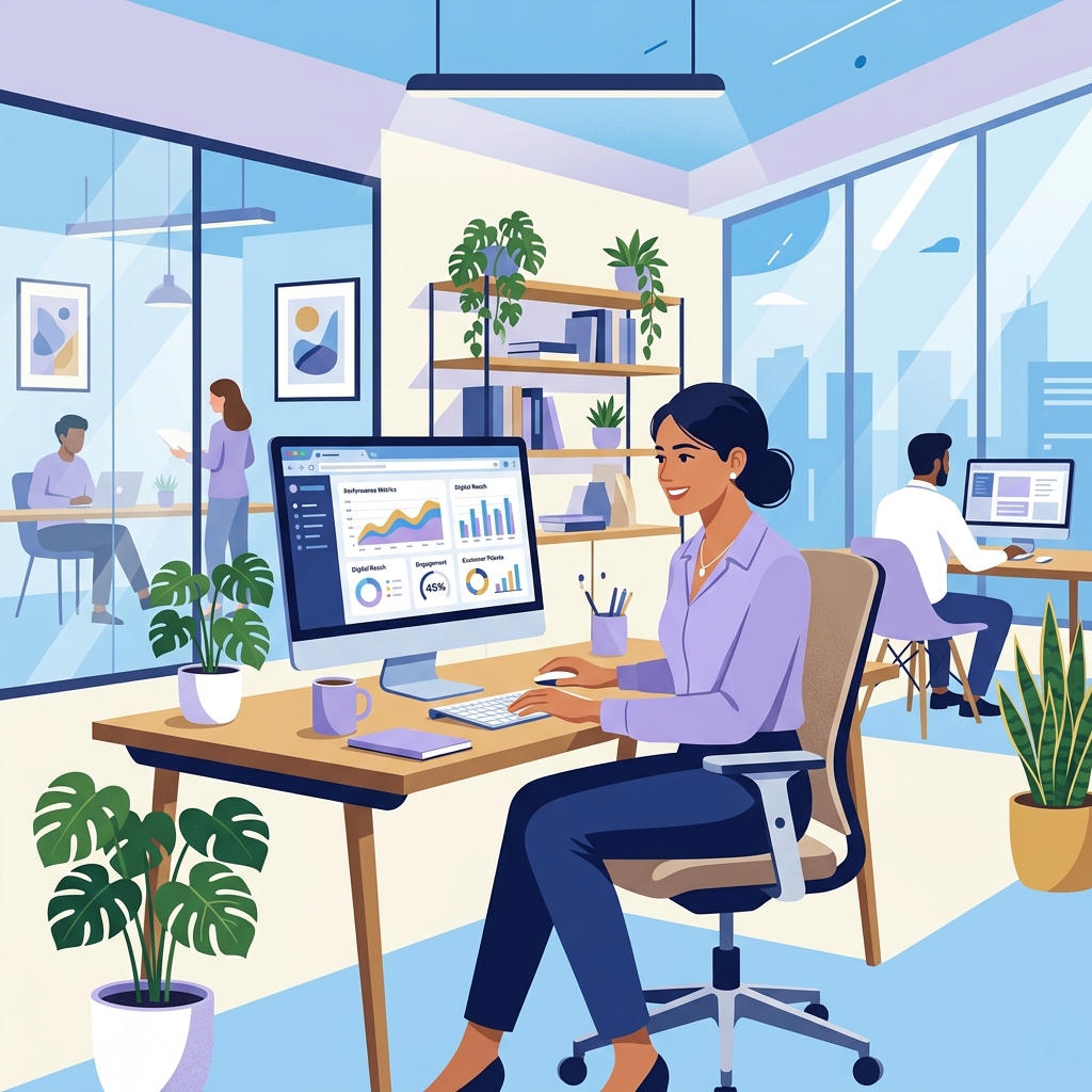 Indian woman working at a computer in her first job