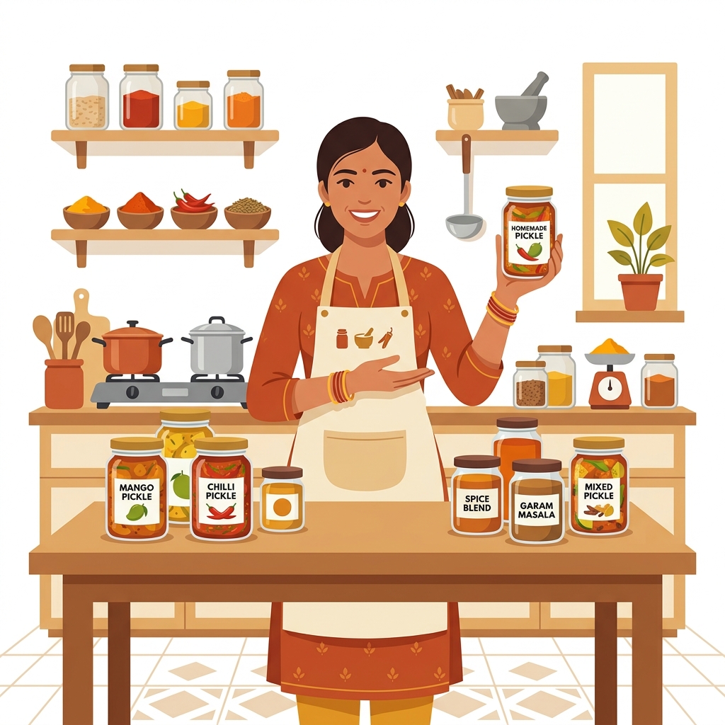 Indian woman entrepreneur with her food products